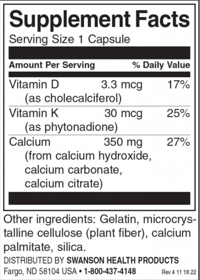 Етикет на Swanson Calcium with Vitaminds D & K 120 капсули, 120 Дози