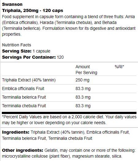 Етикет на Swanson Triphala 250 mg 120 капсули, 120 Дози