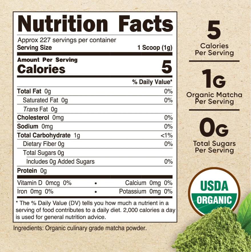 Етикет на Nutricost Organic Matcha 227 грама, 227 Дози