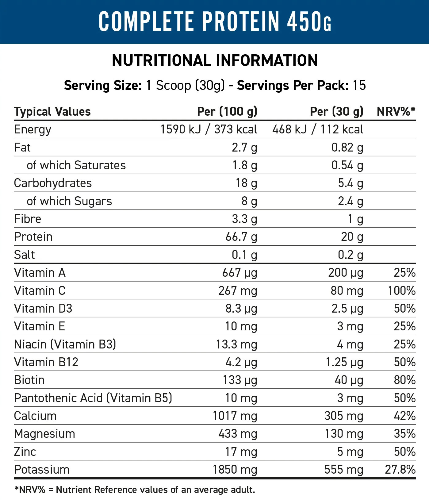 Етикет на Applied Nutrition Complete Protein | with Collagen, Magnesium & Probiotics 450 грама, 15 Дози Ванилия