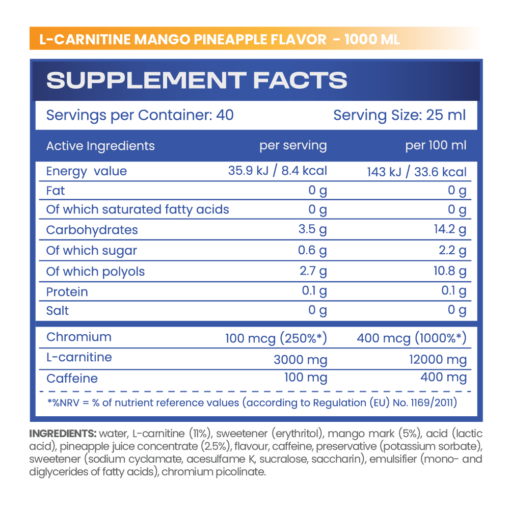 Етикет на HS LABS - L-CARNITINE 3000 - WITH CAFFEINE AND CHROMIUM