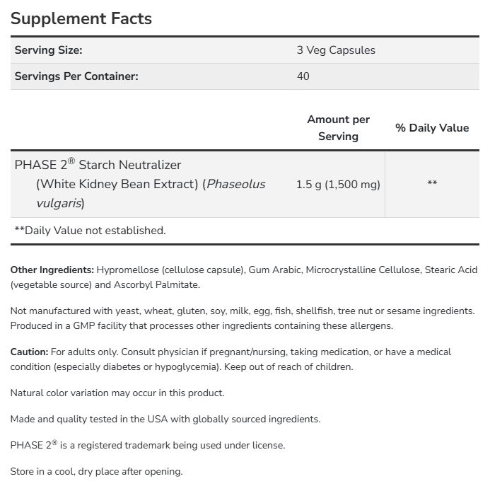 Етикет на Phase 2® | White Kidney Bean Extract 500 mg