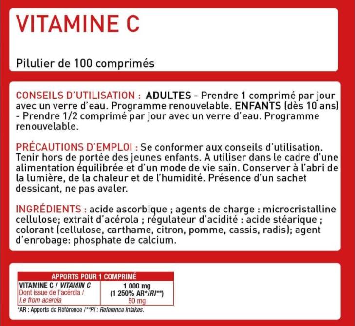 Етикет на Eric Favre Vitamin C 1000 mg | Vegan Friendly 100 Таблетки, 100 Дози