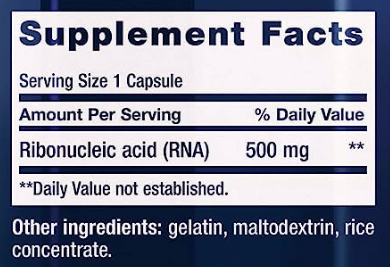 Етикет на Life Extension RNA 500 mg 100 капсули, 100 Дози