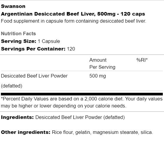 Етикет на Argentinian Desiccated Beef Liver 500 mg