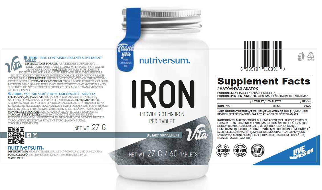 Етикет на Nutriversum Iron 30 mg | Ferrous Fumarate 60 Таблетки, 60 Дози