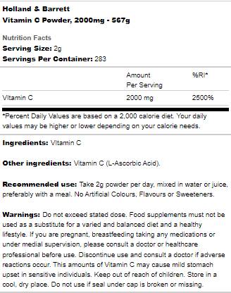 Етикет на Holland And Barrett Vitamin C Powder 567 грама, 283 Дози