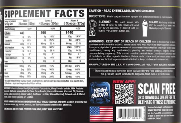 Етикет на King Mass XXL Gainer | Super Anabolic Growth Accelerator