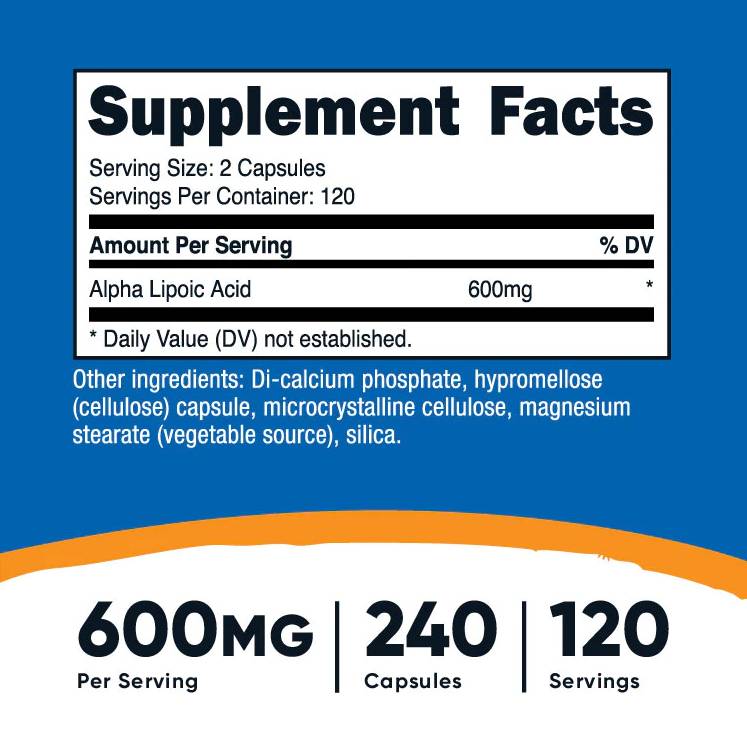 Етикет на Диабет - Алфа-липоева киселина, 600 mg/240 капсули Nutricost