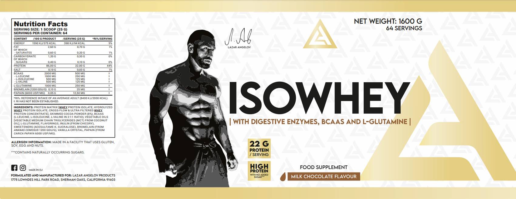 Етикет на IsoWhey | Whey Protein Isolate with Digestive Enzymes, BCAA & Glutamine / 1600 gr