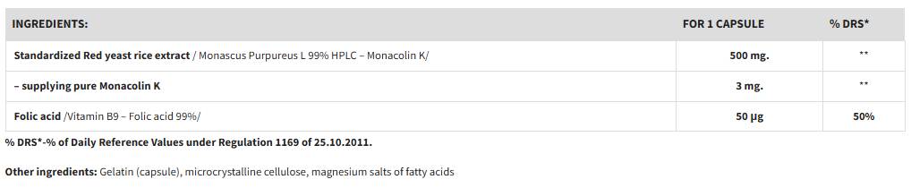 Етикет на Grewia Red Yeast Rice Monacolin K & Folic acid 60 капсули, 60 Дози