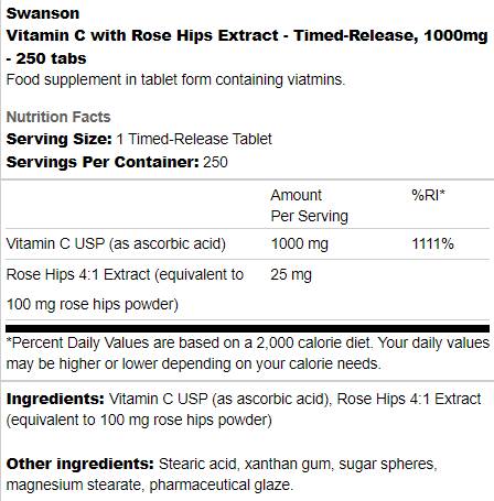 Етикет на Swanson Timed-Release Vitamin C 1000 mg | With Rose Hips 250 Флакона, 250 Дози
