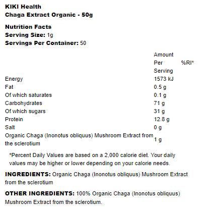 Етикет на KIKI Health Chaga Extract Organic Powder 50 грама, 50 Дози
