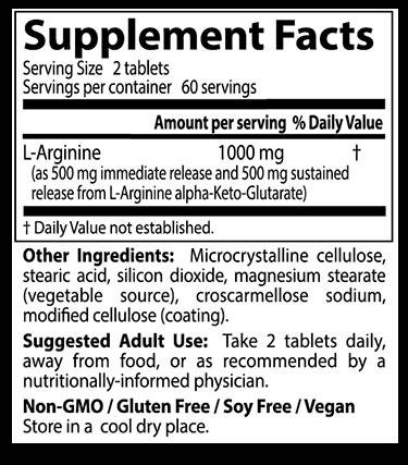 Етикет на Doctor's Best BEST L-Arginine 500 mg 120 Таблетки, 60 Дози