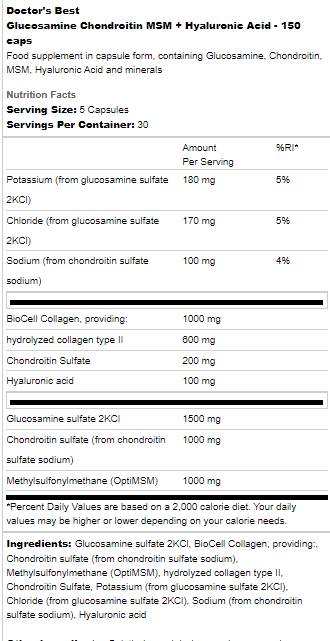 Етикет на Doctor's Best Glucosamine Chondroitin MSM | With Hyaluronic Acid 150 капсули, 30 Дози