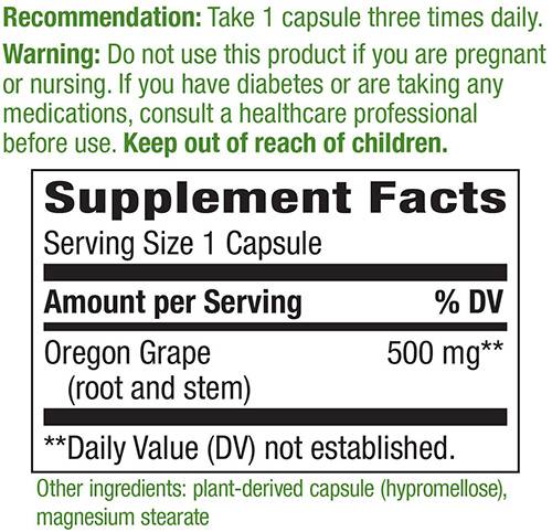 Етикет на Oregon Grape Root 500 mg
