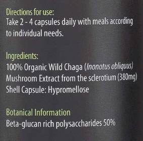 Етикет на KIKI Health Organic Chaga Extract 380 mg 60 капсули, 60 Дози