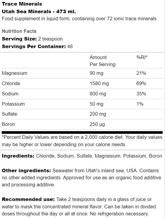 Етикет на Trace Minerals Utah Sea Minerals 473 мл, 48 Дози