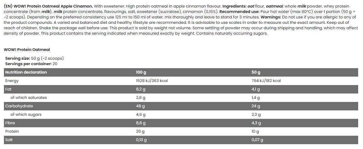 Етикет на WOW ! Protein Oatmeal | 20% Protein - No Sugar Added
