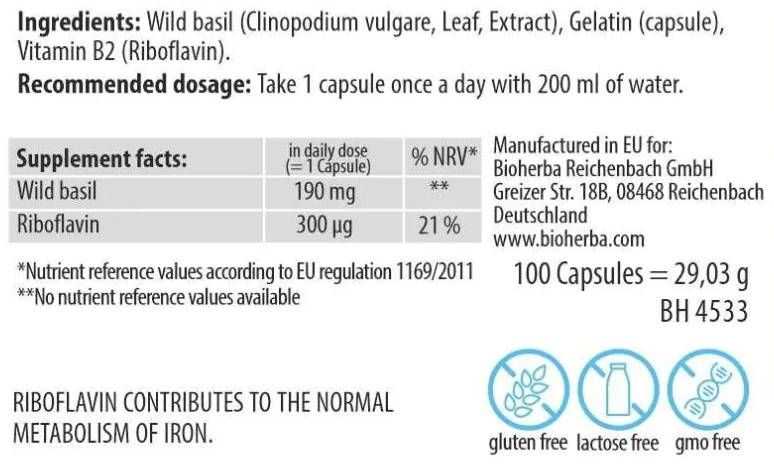 Етикет на Wild Basil Extract 190 mg