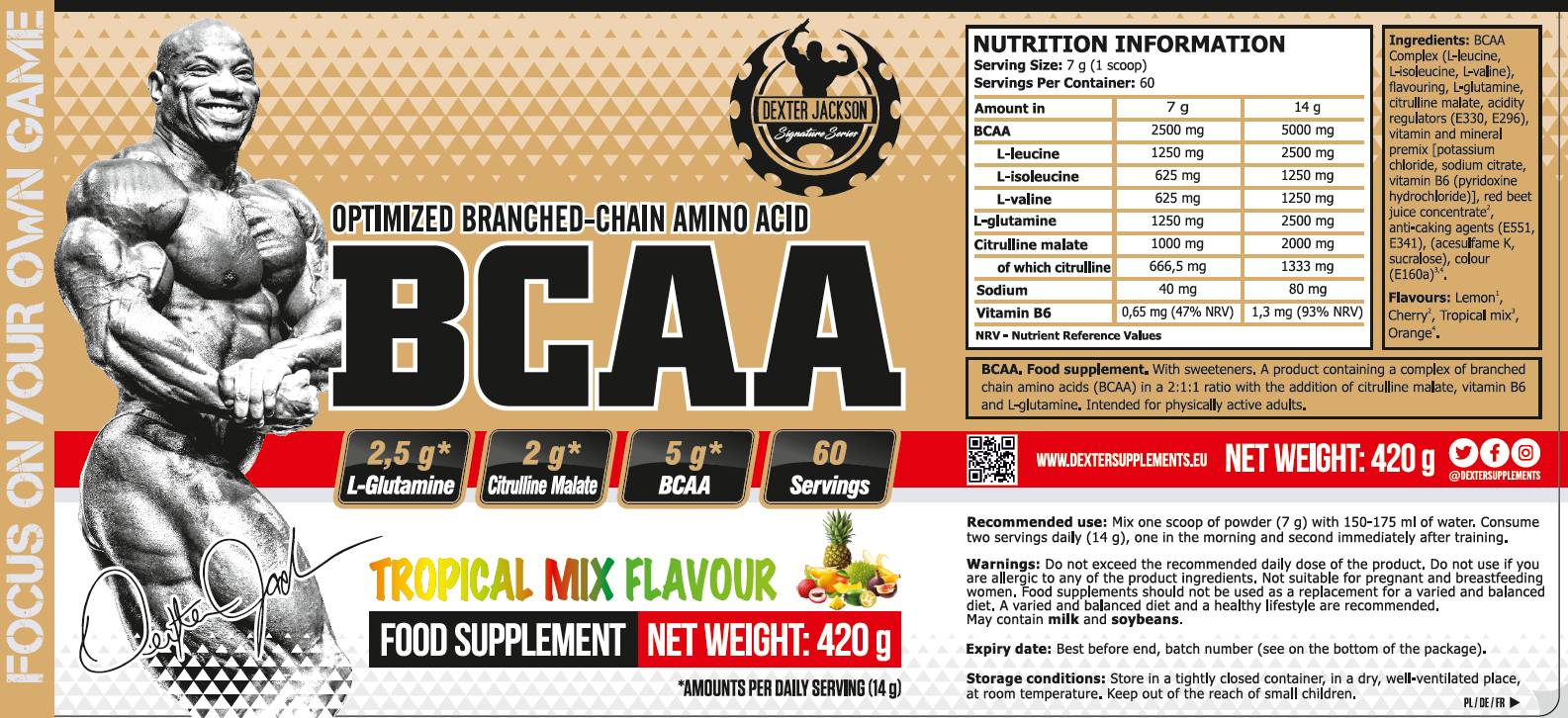 Етикет на Dexter Jackson Signature Series Gold Series | BCAA with L-Glutamine & L-Citrulline Malate
