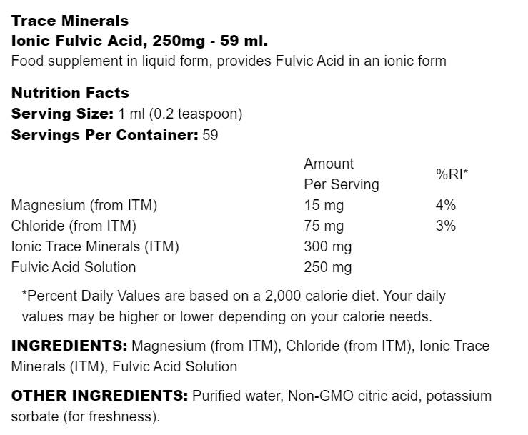 Етикет на Ionic Fulvic Acid 250 mg