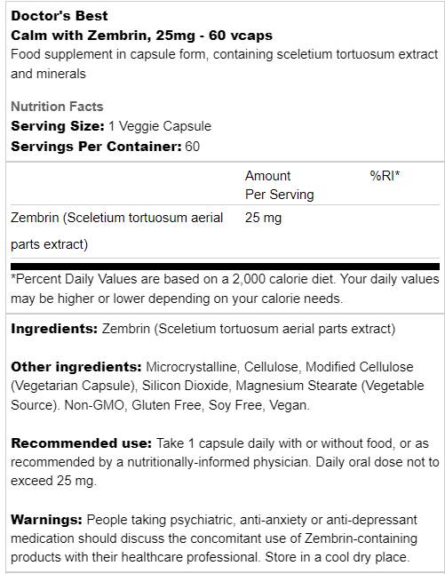Етикет на Doctor's Best BEST Calm with Zembrin 25 mg 60 капсули, 60 Дози