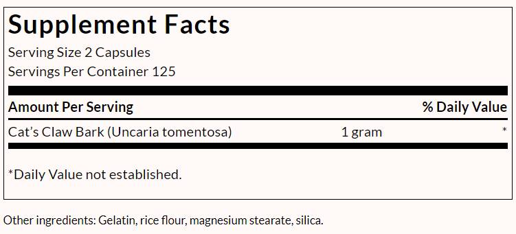 Етикет на Full Spectrum Cat's Claw 500 mg