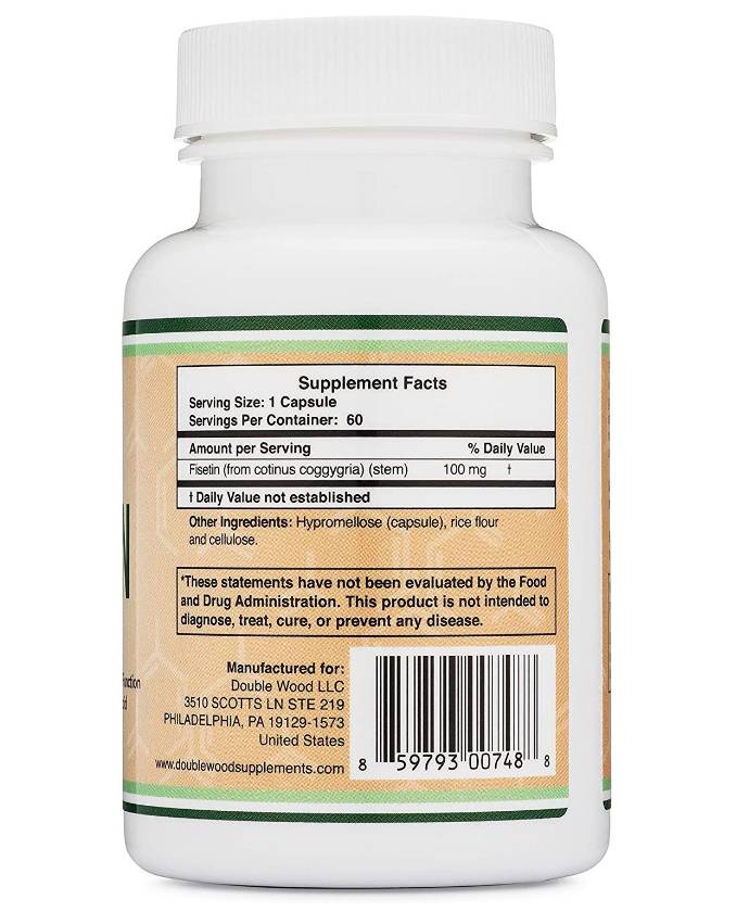 Етикет на Double Wood Supplements Fisetin 100 mg 60 капсули, 60 Дози