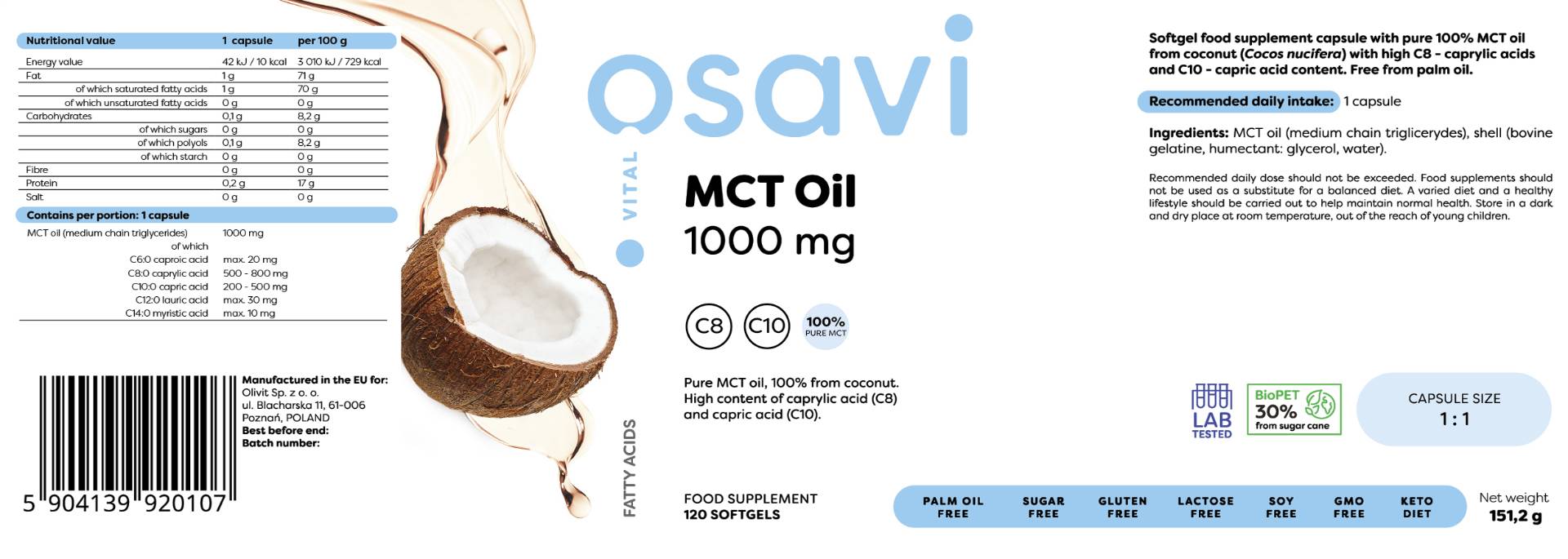 Етикет на MCT Oil 1000 mg | C8 + C10 x 120 капсули