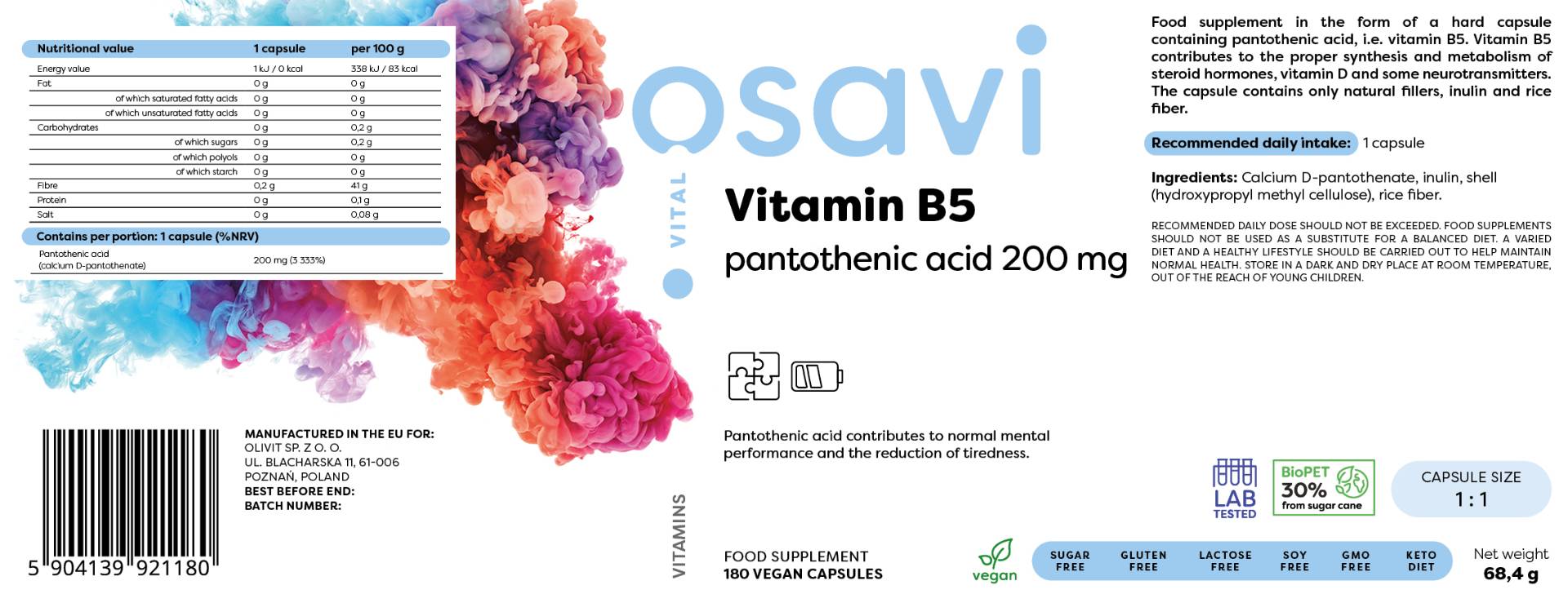 Етикет на Vitamin B5 | Pantothenic Acid 200 mg