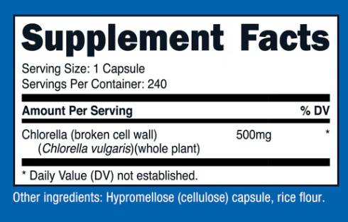 Етикет на Nutricost Chlorella 500 mg 240 капсули, 240 Дози