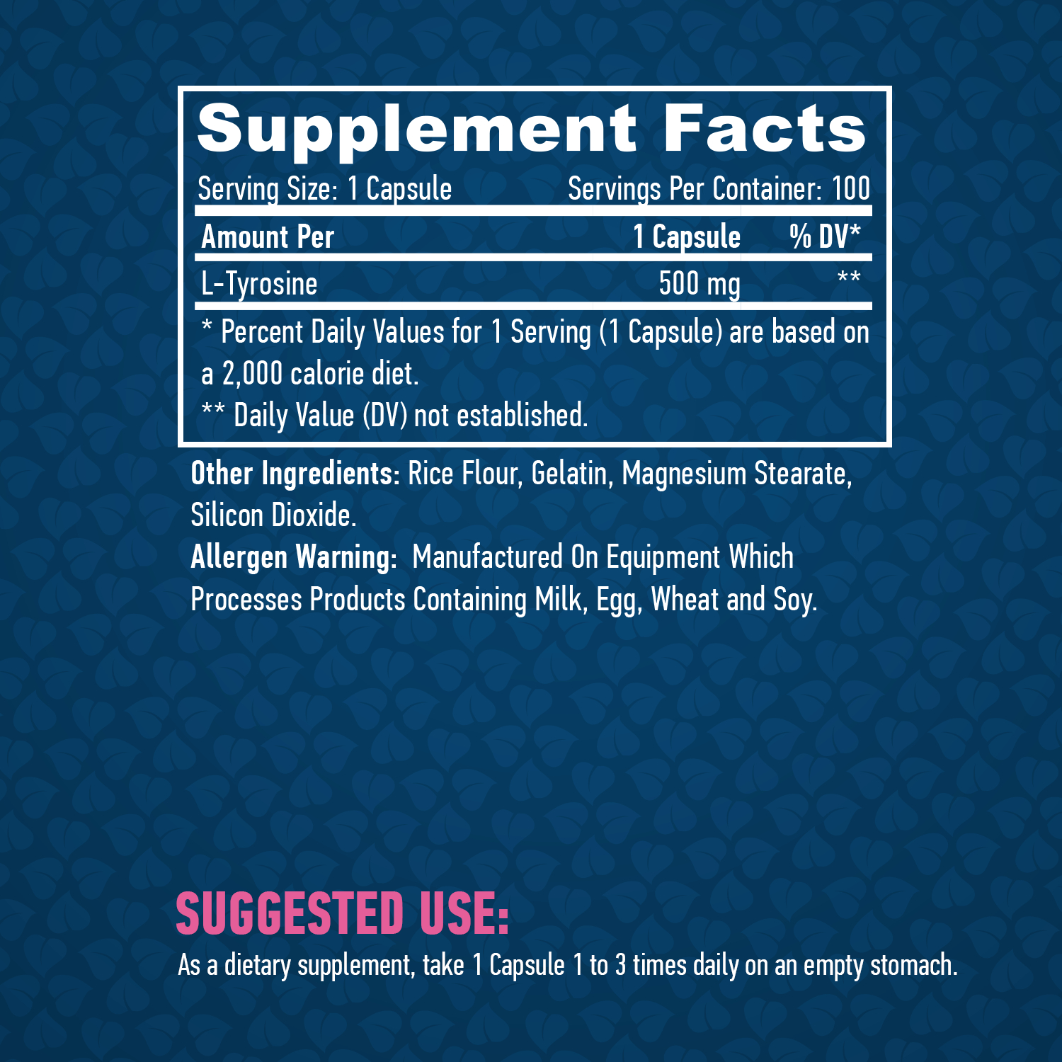 Етикет на Haya Labs L-Tyrosine 500mg. / 100 Caps.
