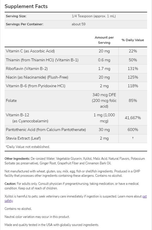 Етикет на NOW Foods Liquid Vitamin B-12 237 мл, 237 Дози