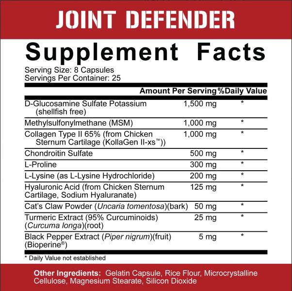 Етикет на Rich Piana 5% Nutrition Joint Defender | Maximum Joint Support 200 капсули, 25 Дози