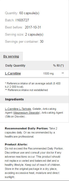 Етикет на Prozis - L-Carnitine 1500mg - 60 capsules