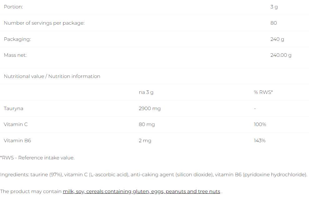 Етикет на 6PAK Nutrition Taurine+ 240 грама, 80 Дози Неовкусен