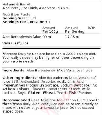Етикет на Holland And Barrett Aloe Vera Juice 946 мл, 63 Дози Червена боровинка