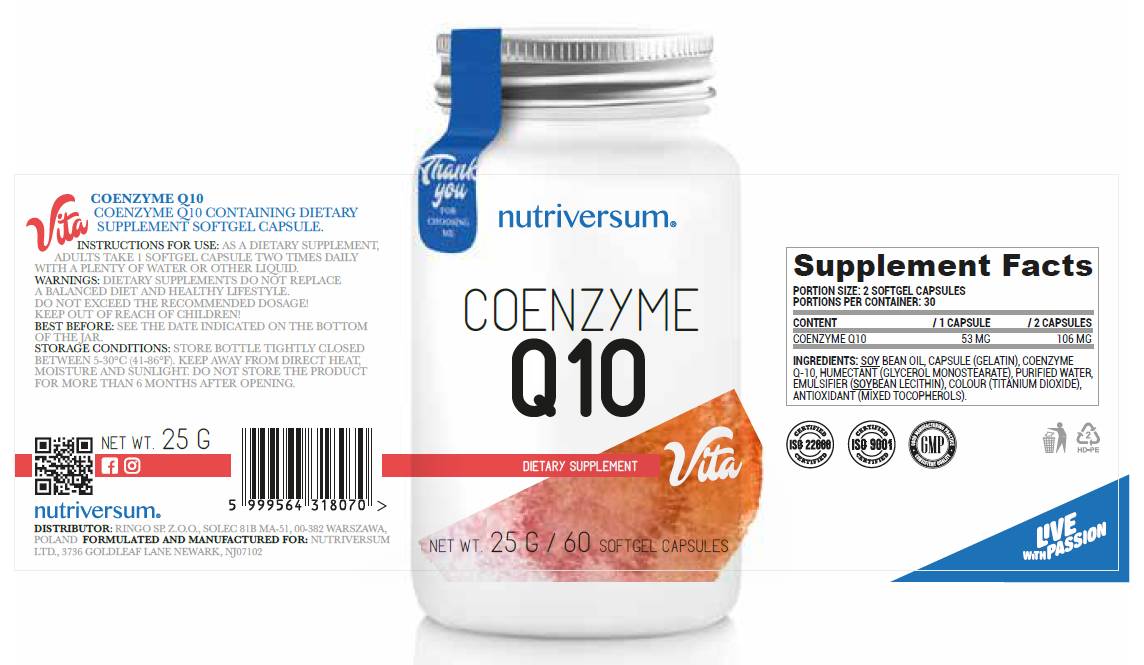 Етикет на Nutriversum Coenzyme Q10 | CoQ10 60 Гел капсули, 60 Дози