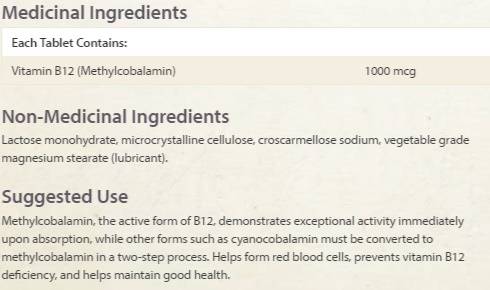 Етикет на Витамин В12 Метилкобаламин сублингвални таблетки 1000мкг х90 Natural Factors