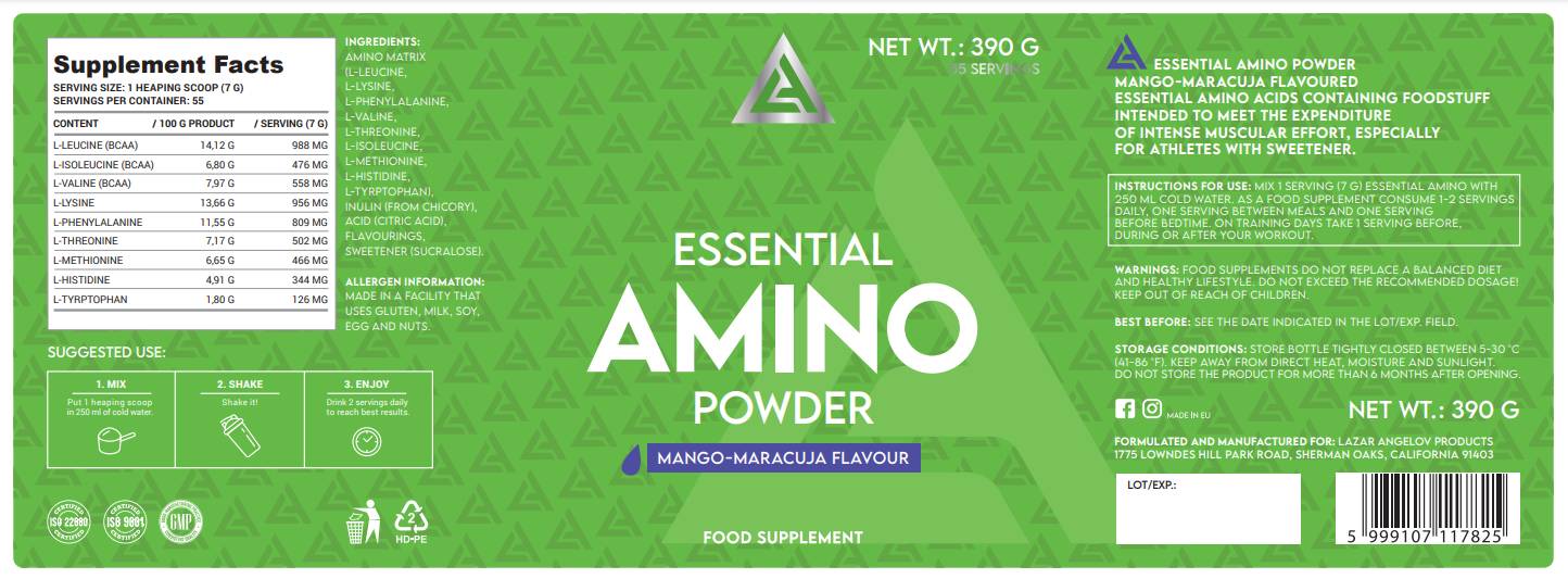 Етикет на LA Essential Amino Powder | EAA / 0.390 gr