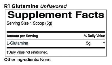 Етикет на Rule1 Glutamine | 100% Micronized L-Glutamine 689 грама, 130 Дози
