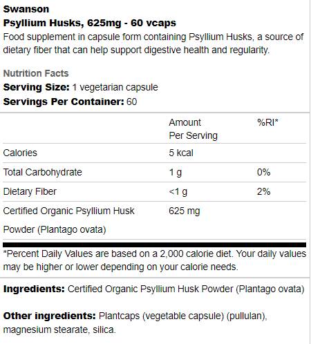 Label of Psyllium Husks 625 mg