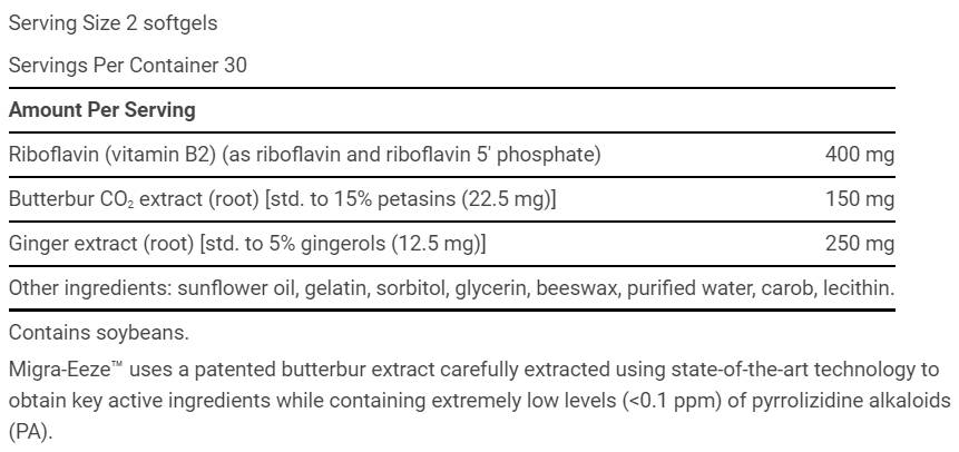 Етикет на Life Extension Migra-Eeze | with Butterbur 60 Гел капсули, 30 Дози