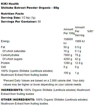 Етикет на KIKI Health Shiitake Extract Powder Organic 50 грама, 50 Дози