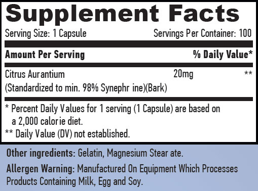Етикет на Haya Labs Synephrine 20mg. / 100 Caps.