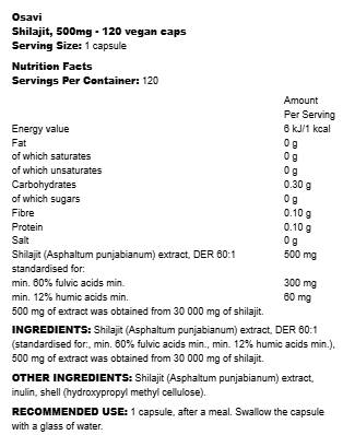 Label of Osavi Shilajit 500 mg | 60:1 Extract with 60+% Fulvic Acids