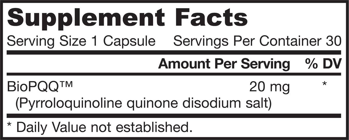 Етикет на PQQ 20 mg