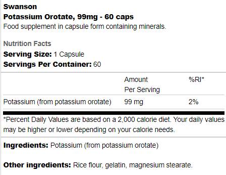 Етикет на Swanson Potassium Orotate 99 mg 60 капсули, 60 Дози
