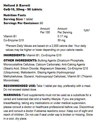 Етикет на Holland And Barrett Coenzyme Q10 50mg 90 Таблетки, 90 Дози